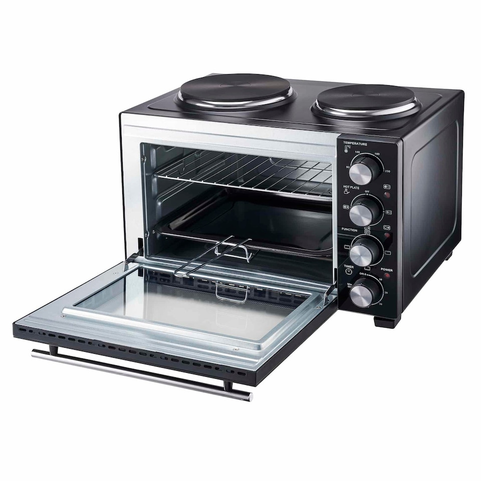 image 1 of Cooks Professional 28L Mini Oven with 2 Hobs - Electric Multifunction Countertop Cooker | Black | Black & Silver