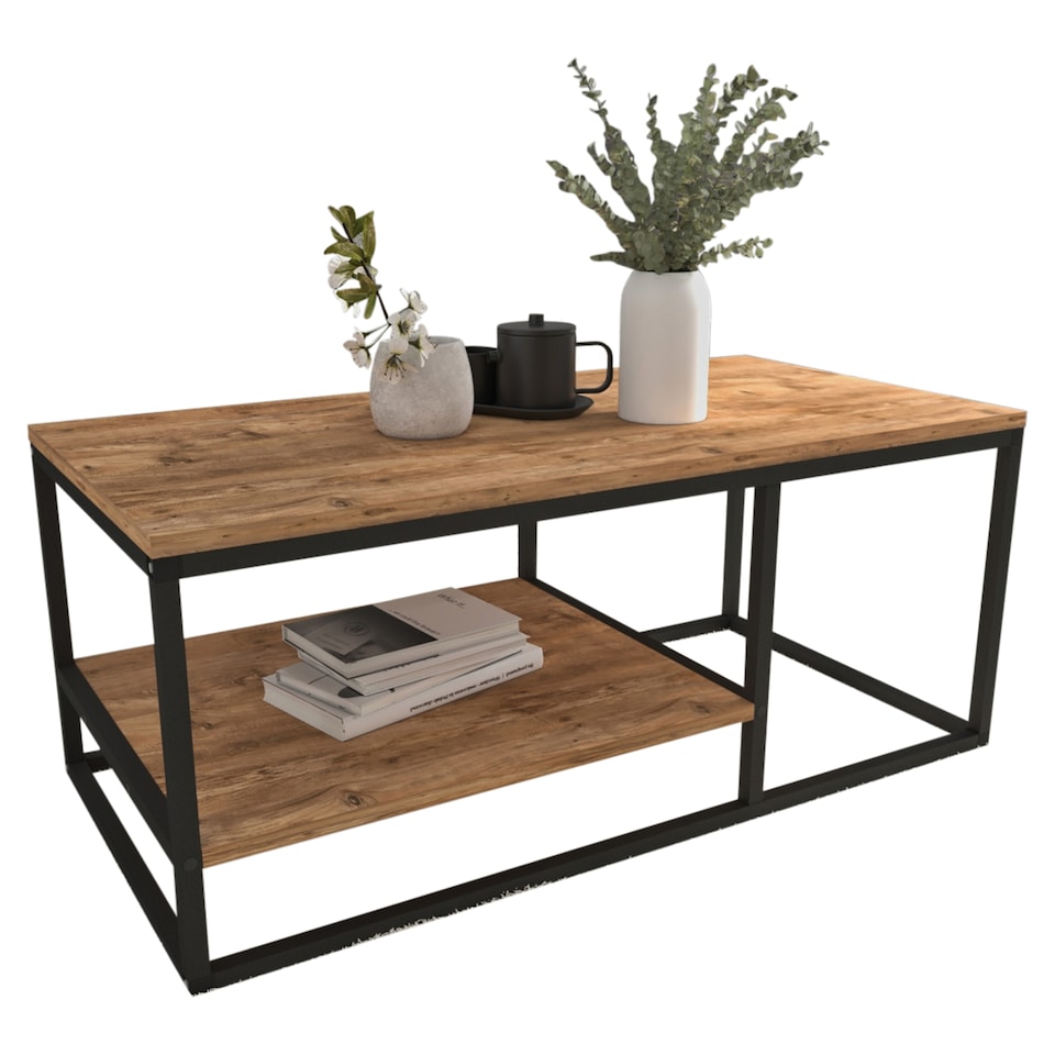 image 1 of 2-Shelf Wooden Rectangle Coffee & Side Table With Metal Frame Living Room Decor | Multi | Pine