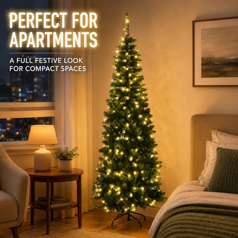 image 1 of 6FT Pre-Lit Pencil Christmas Tree with Warm White LED Lights - Festive Xmas Decoration for Home and Holiday Display