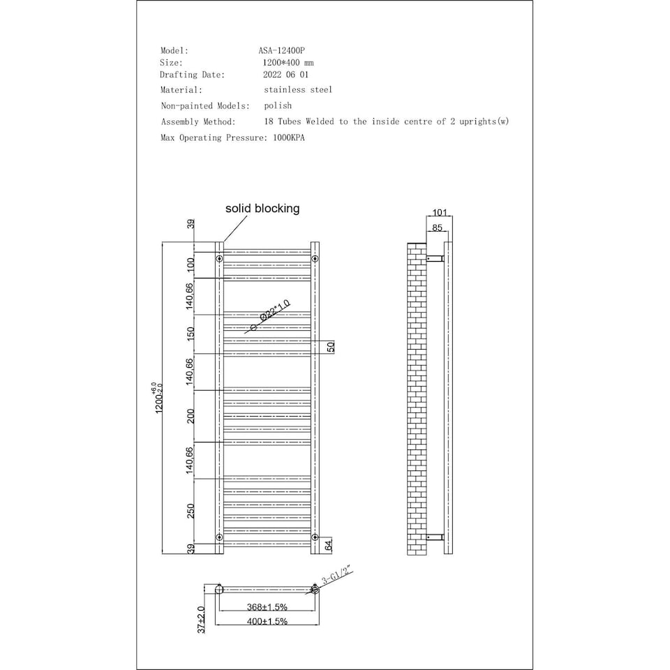 image 1 of Aston Straight Heated Towel Rail Bathroom Radiator Stainless Steel (H) 1200mm x (W) 400mm