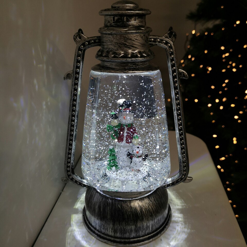 image 1 of 24cm Christmas Water Spinner Antique Silver Effect Hurricane Lantern Style with Snowman & Penguin Scene