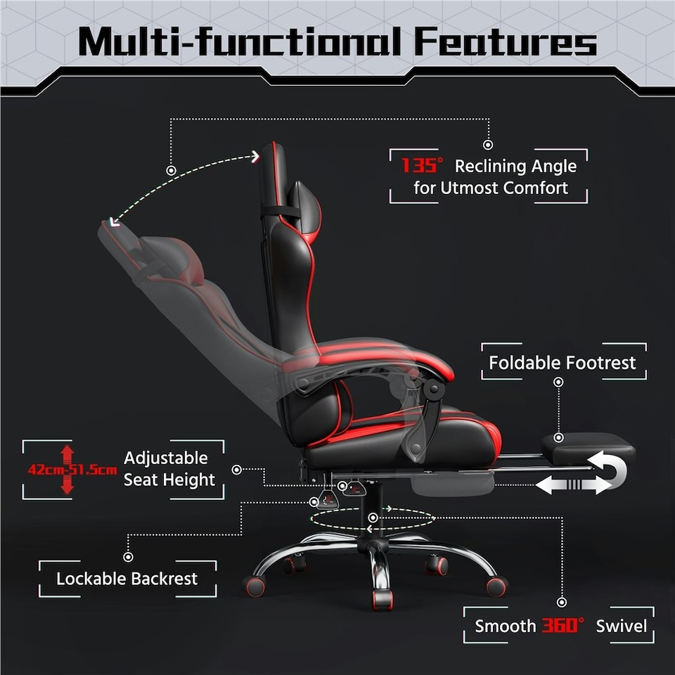 image 1 of Yaheetech Ergonomic Computer Chair with Massage Lumbar Pillow | Multi | Black/Red