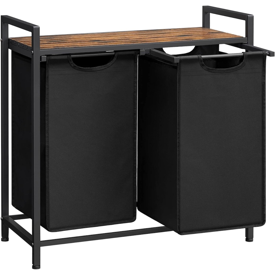 image 1 of Laundry Sorter with 2 Removable Liner Bags, Pull-Out Hampers and Storage Shelf, Rustic Brown and Ink Black