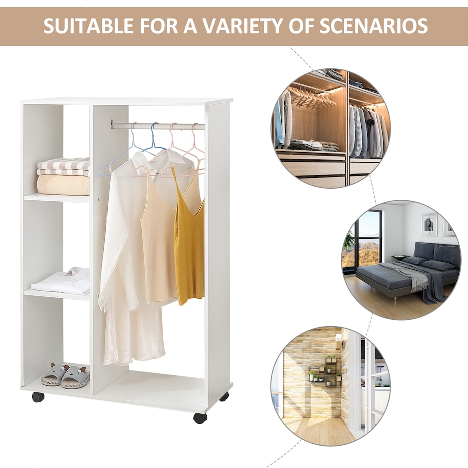 image 1 of HOMCOM Rolling Open Wardrobe Hanging Rail Storage Shelves for Clothes, White