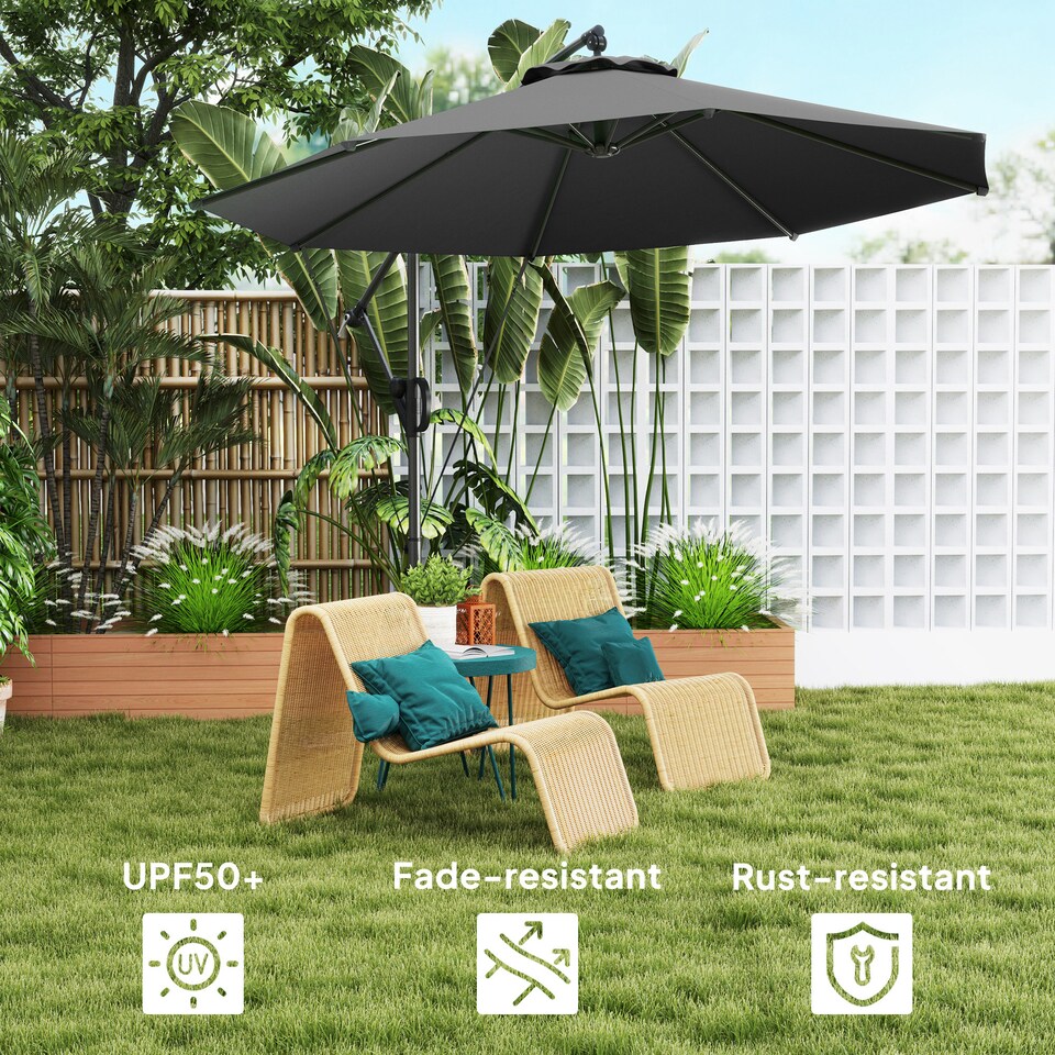 image 1 of Outsunny 3(m) Cantilever Banana Parasol with Cover Wind Strap UPF50+Grey | Grey