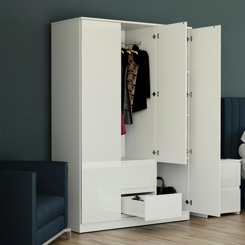 image 1 of Vida Designs Glinton 3 Door 2 Drawer Wardrobe High Gloss Doors With Shelf & Clothes Rail, 100% FSC, White
