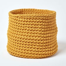 Homescapes Yellow Cotton Knitted Round Storage Basket - 42 x 37 cm | Yellow | Yellow | L