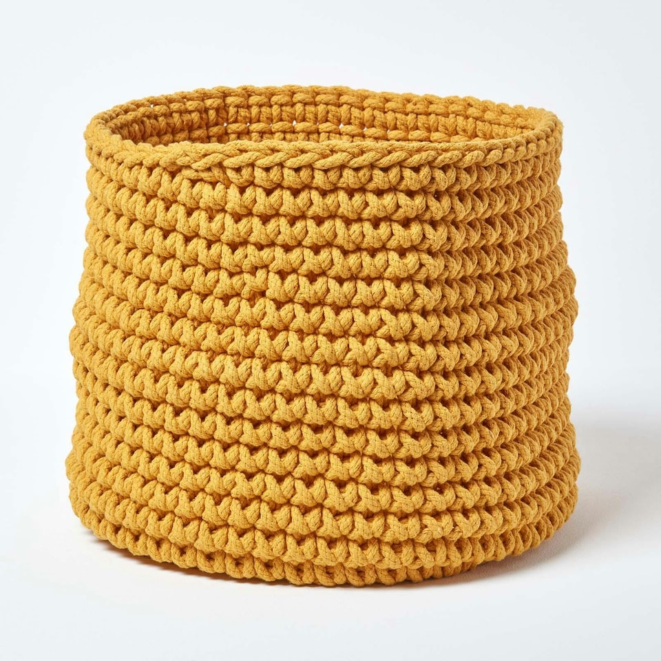 image 1 of Homescapes Yellow Cotton Knitted Round Storage Basket - 42 x 37 cm | Yellow | Yellow | L