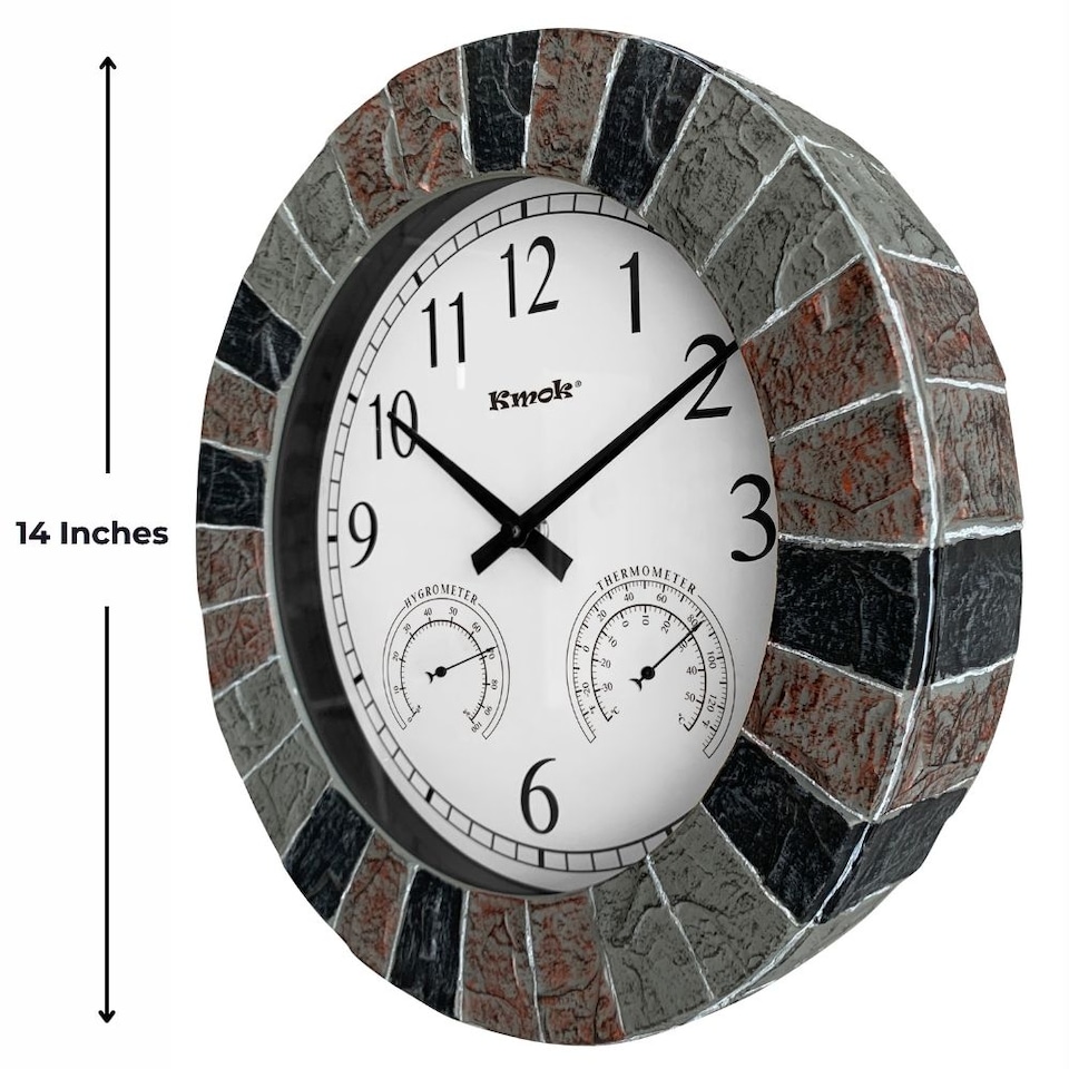 image 1 of 13.5" Faux Slate Waterproof Indoor/Outdoor Wall Clock with Thermometer & Hygrometer