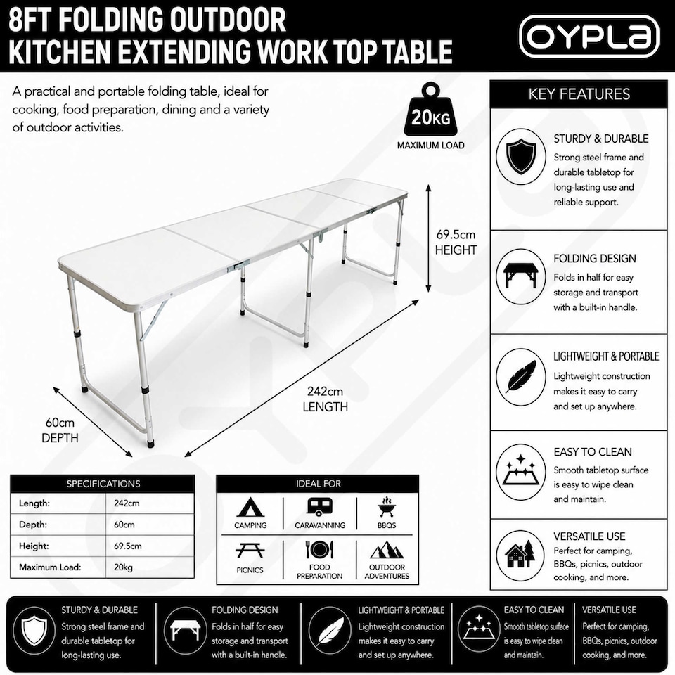 image 1 of 8ft Folding Outdoor Camping Kitchen Extending Work Top Table | White