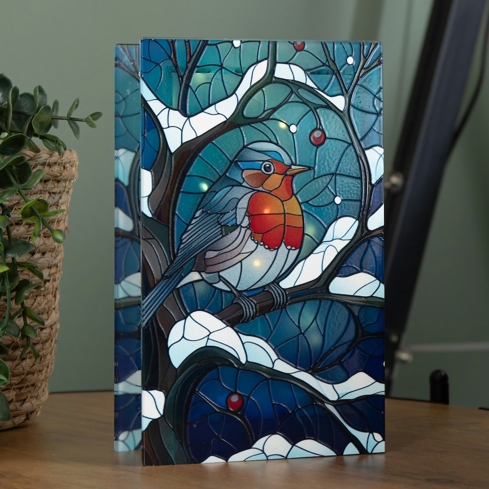 image 1 of 21cm Battery Operated Light up Stained Glass Christmas Decoration with Robin Scene & Warm White LEDs