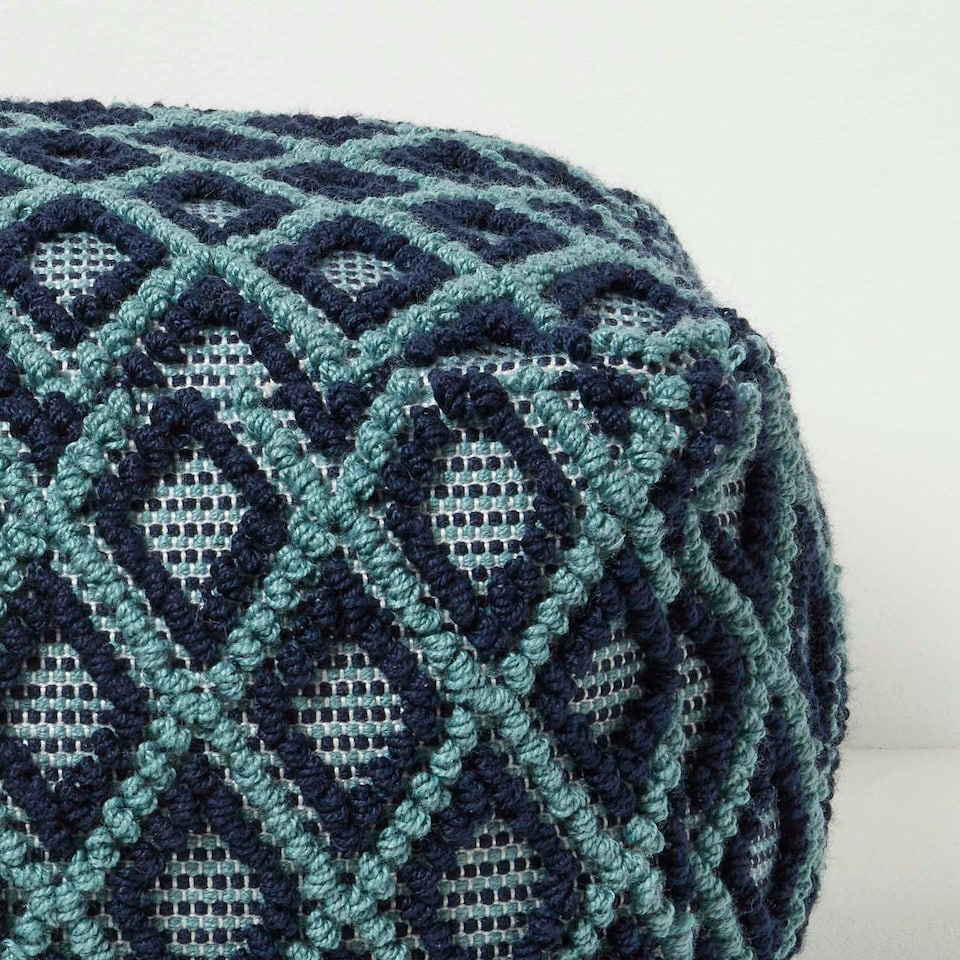 image 1 of Homescapes Tula Handwoven Textured Navy & Teal Pouffe Bean Cube