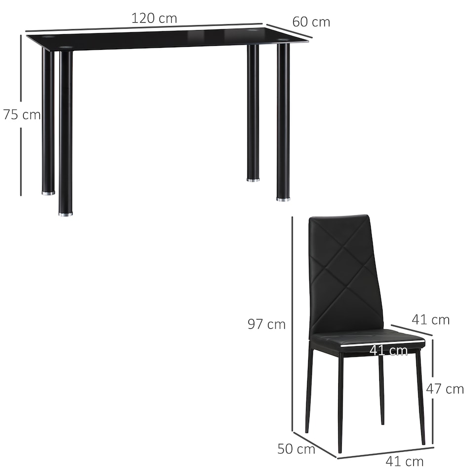 image 1 of HOMCOM Dining Table and Chairs Set 4, Space-Saving Kitchen Table and Chairs Set 4 with Faux Leather Padded Seat and Tempered Glass Top, Dining Room Sets, Black
