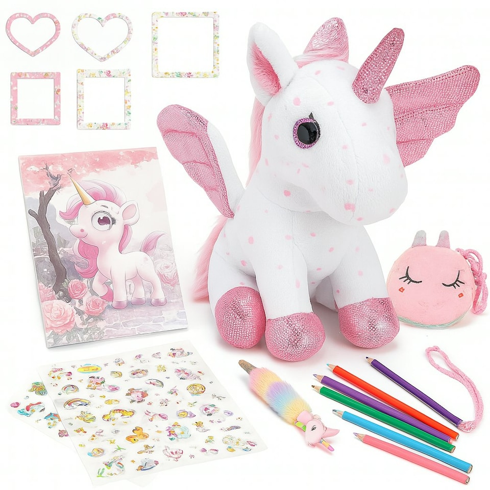 image 1 of Unicorn Plush Toy Set Girls Gift Soft Cuddly Stuffed Animals Toys, Unicorn Soft Toys with CrossBag Brushes Stickers Coloring Book Pink | A5