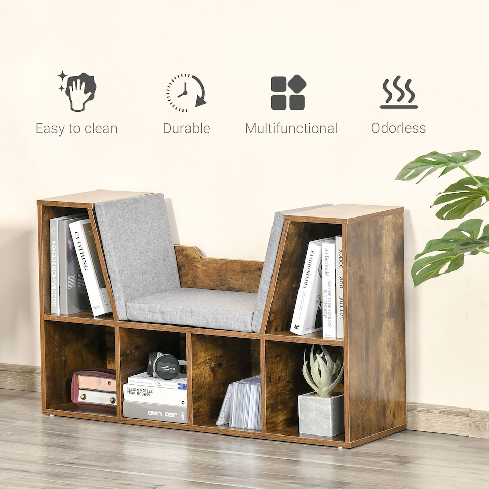 image 1 of HOMCOM Bookcase Storage Shelf with Cushioned Reading Seat, Cube Bookshelf Organizer for Bedroom Living Room, Rustic Brown