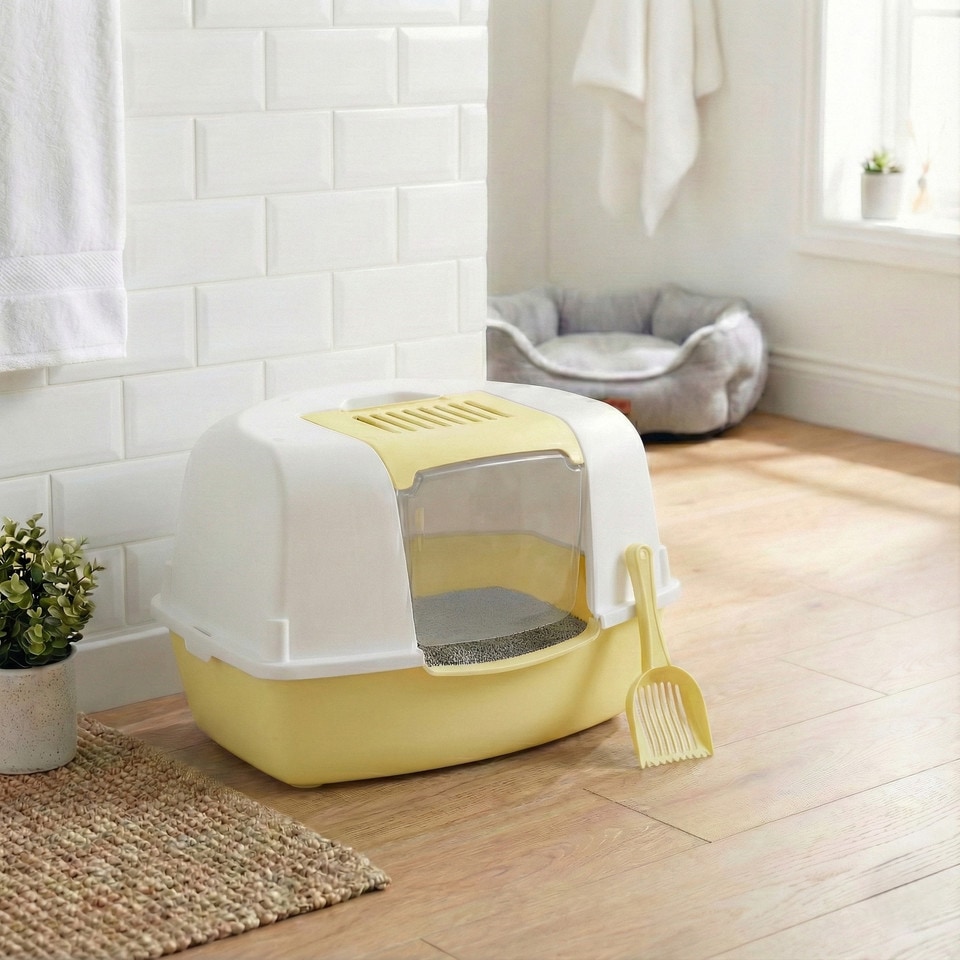 image 1 of Large Cat Corner Litter Tray Hooded Deep Cover Toilet Flap Box with Filter & Scoop | Yellow | Yellow | 1