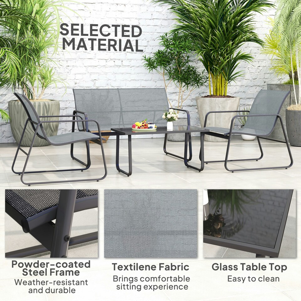 image 1 of Outsunny 4 Piece Garden Furniture Set Patio Sofa Set w/ Chairs, Glass Top Table 