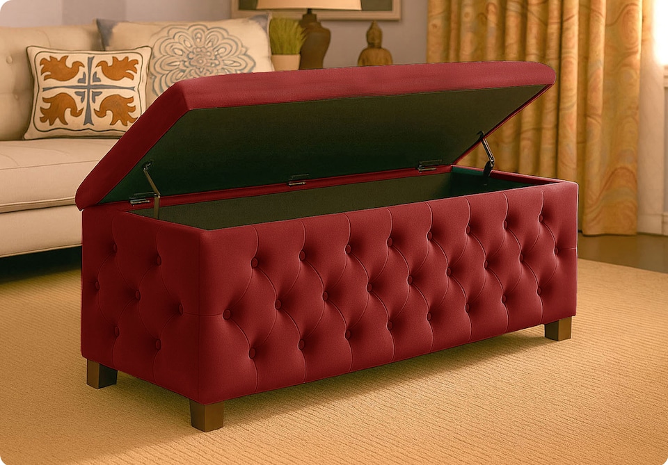 image 1 of 180cm Wide Empire Ottoman Storage Box with Legs, Red Velvet Chesterfield Upholstered Ottoman Footstool Coffee Table