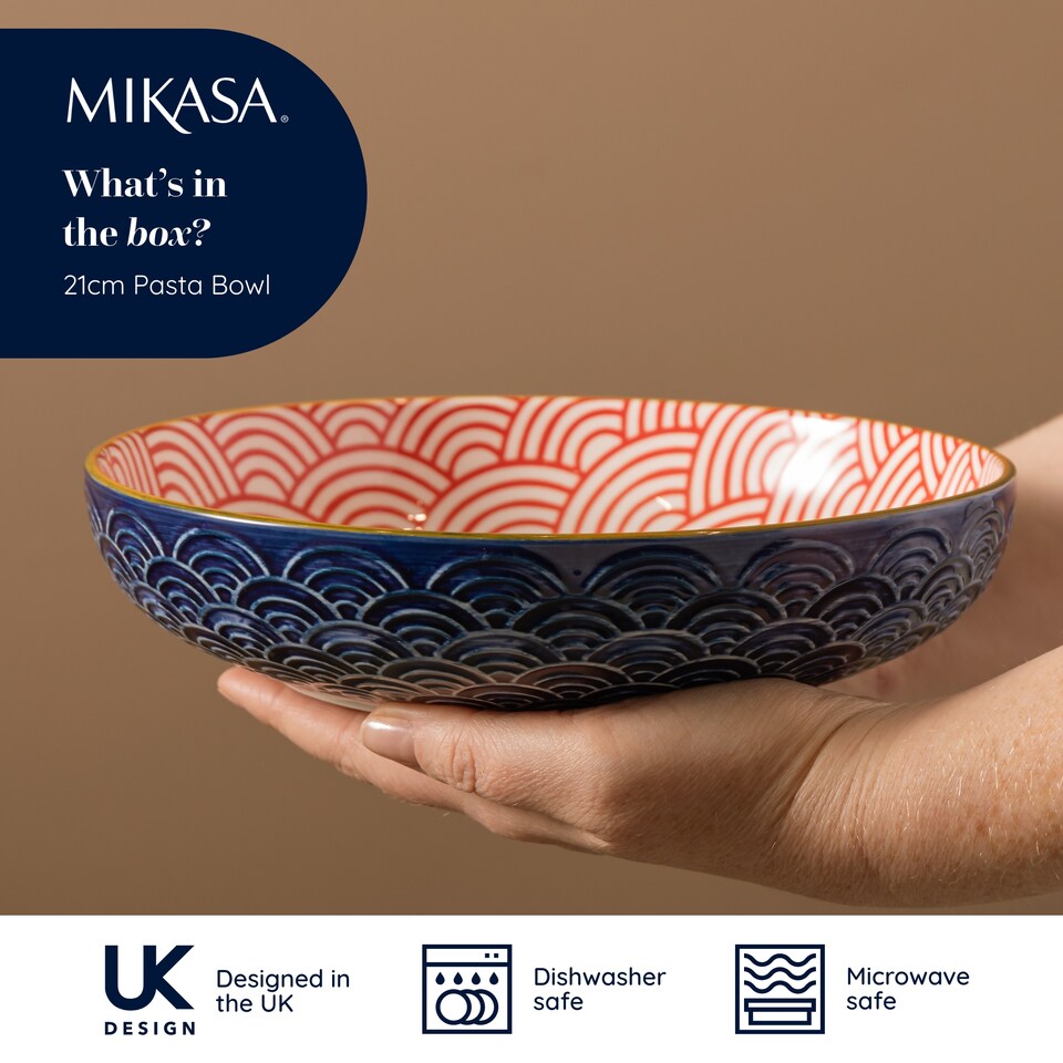 image 1 of Mikasa Set of 4 Red and Blue Arc 2 Toned Stoneware Pasta Bowls