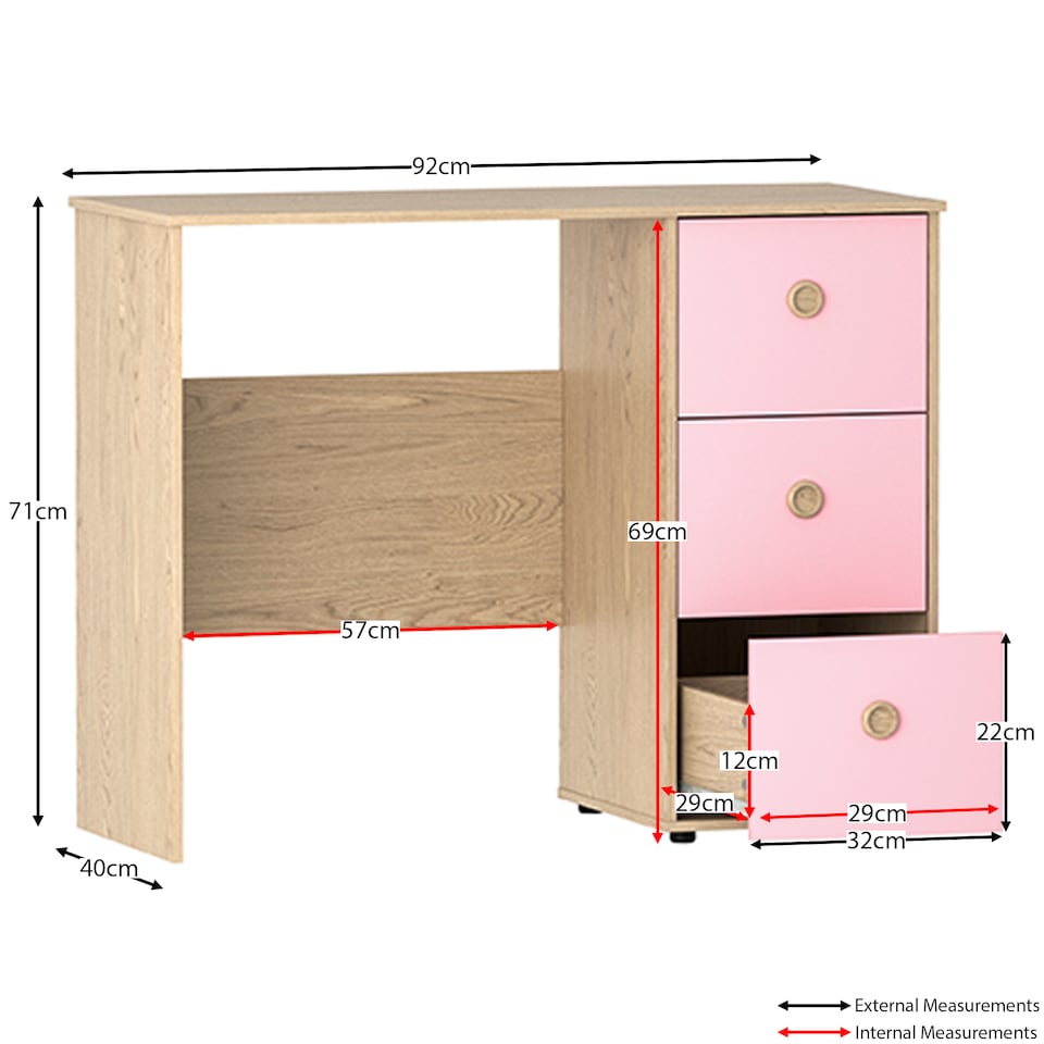 image 1 of Junior Vida Neptune 3 Drawer Desk Computer Desk Home Workstation, Pink & Oak