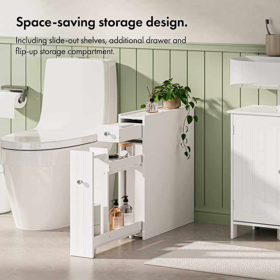 image 1 of VonHaus Holbrook White Slim Bathroom Storage Unit with Drawers