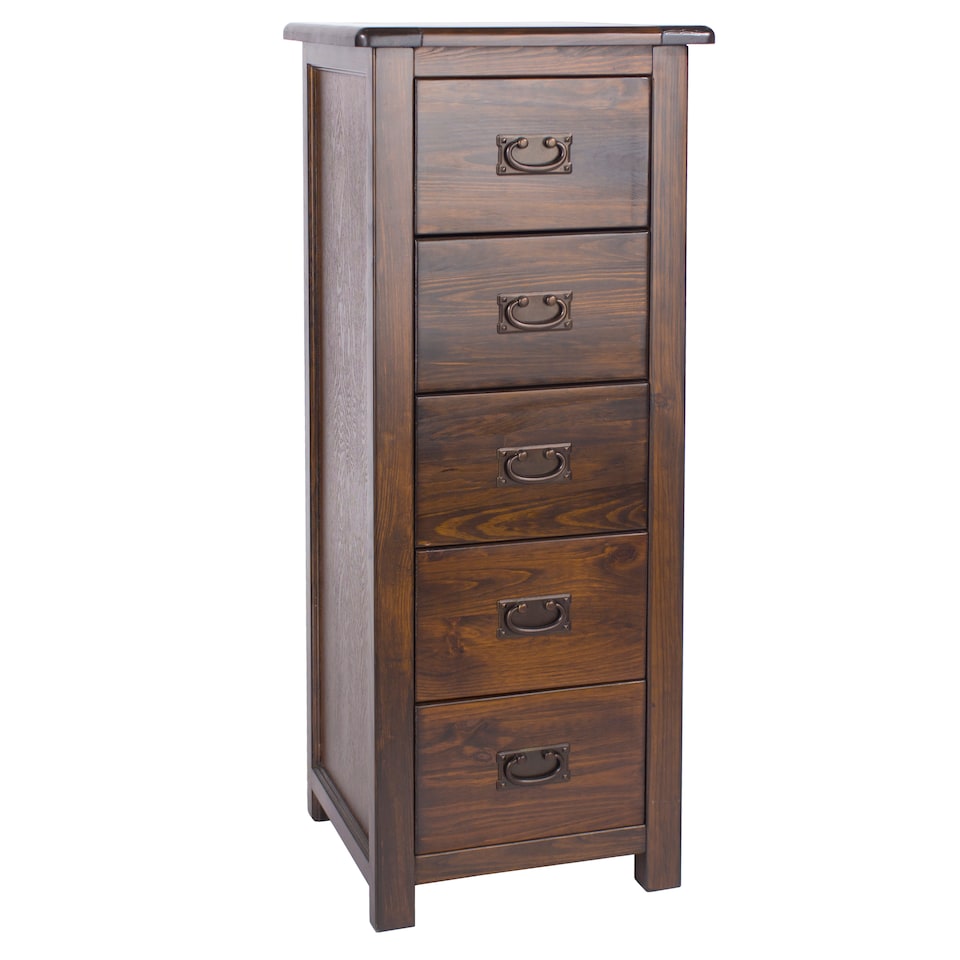 image 1 of Boston 5 Drawer Narrow Chest - Rich Dark Brown Lacquer Solid Wood Bedroom Storage with Brass Handles | Brown | Brown | 1