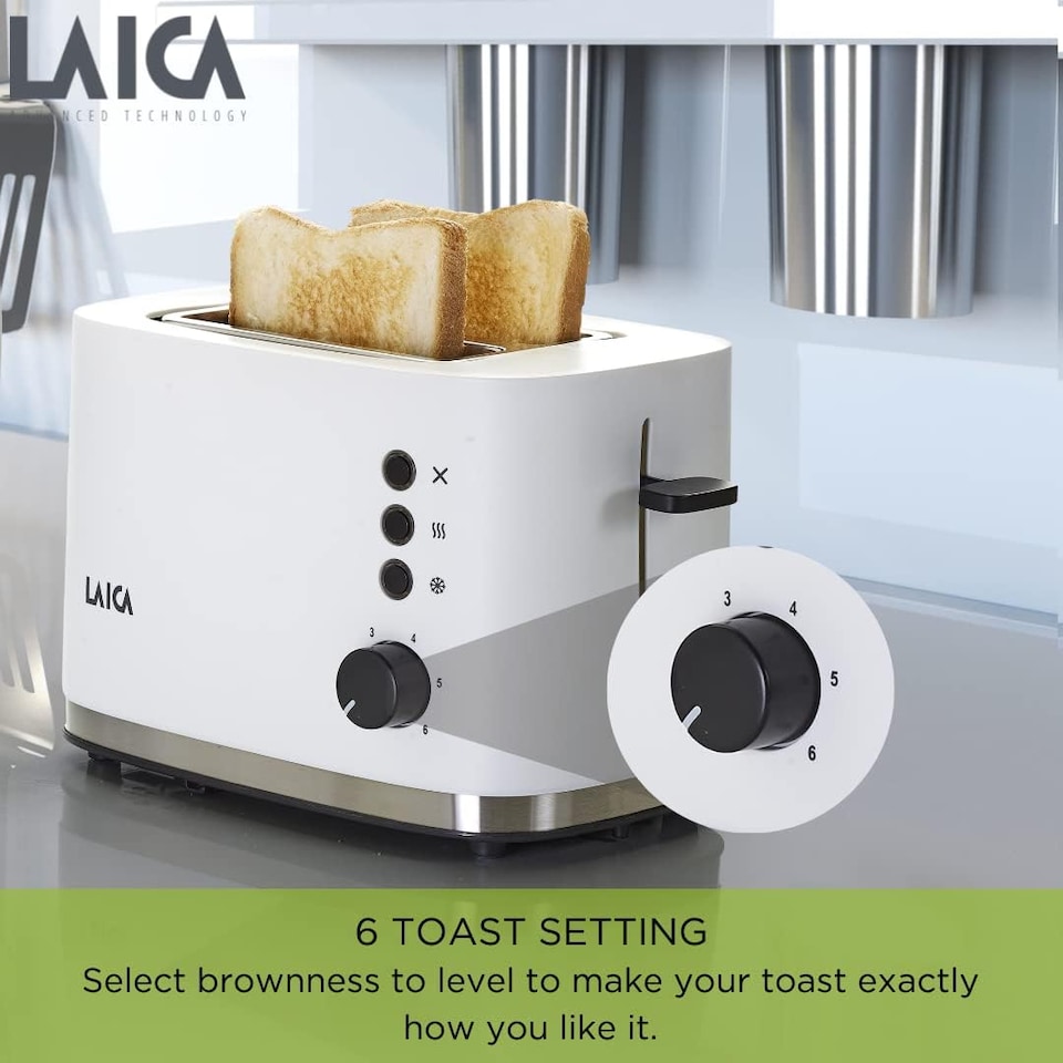 image 1 of LAICA Dual Flo 2 Slice Toaster, with Defrost & Reheat Functions, High-Lift & Wide Slots - White