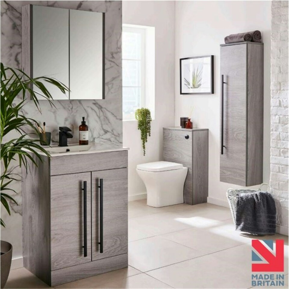 image 1 of Mirror Bathroom Cabinet 600mm Wide - Silver Oak Brown