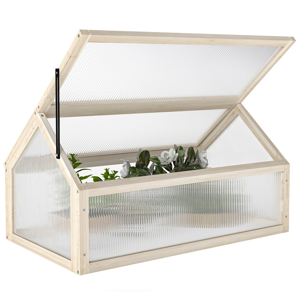 image 1 of Outsunny Wooden Cold Frame Greenhouse Garden Polycarbonate Grow House, Natural