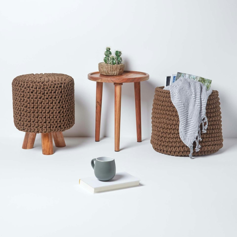 image 1 of Homescapes Chocolate Brown Tall Cotton Knitted Footstool on Legs