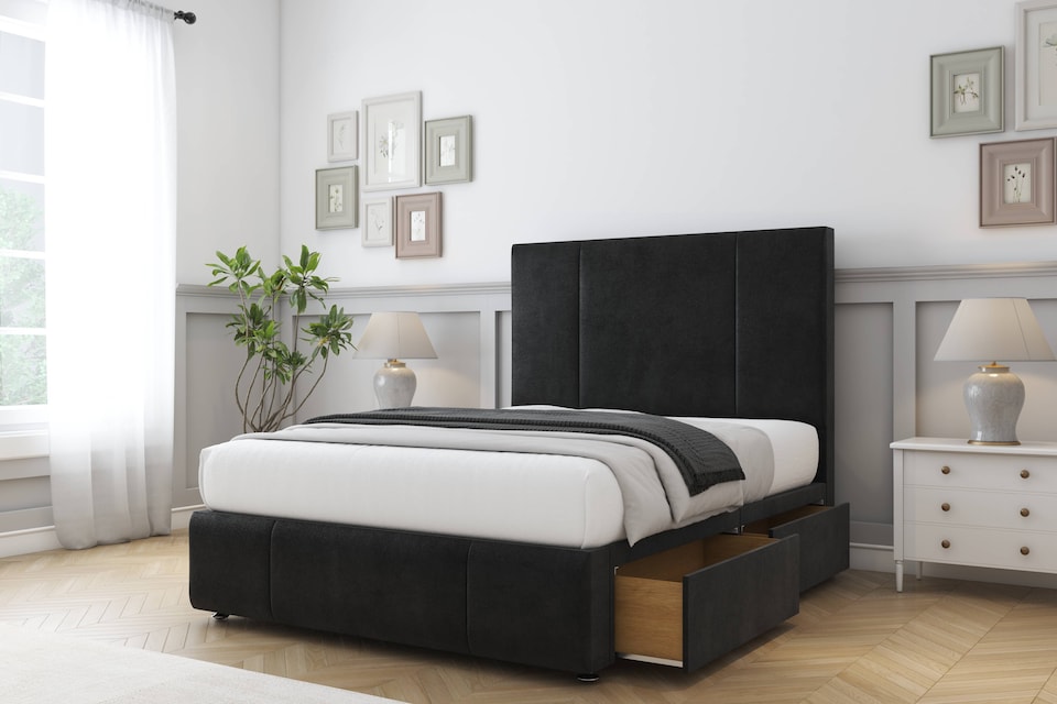 image 1 of Sloomy Lisbon Black Plush Divan Bed Base 2 Drawers Foot-End With 54 Inch Floor Standing Headboard & 12 Inch Matching Footboard | Black | Black | King | 1