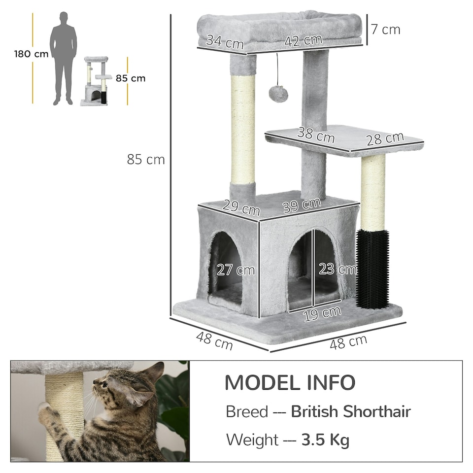 image 1 of PawHut Cat Tree with Scratch Post Condo Perch for Indoor Cats, 85cm, Grey