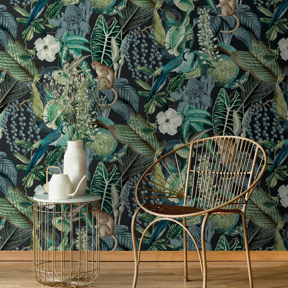image 1 of Grandeco Botanical Wildlife Jungle Textured Wallpaper, Green Blue Teal | Blue | Blue & Green | 5.32