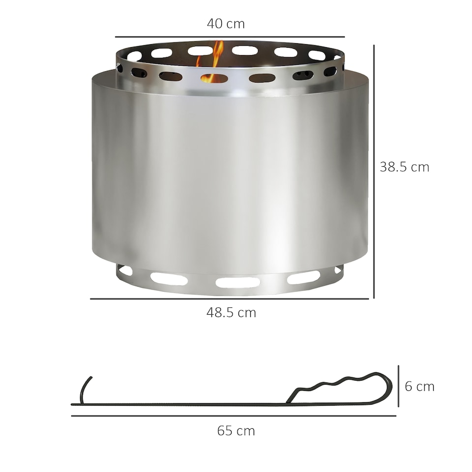 image 1 of Outsunny 48.5cm Smokeless Wood Burning Firepit Stainless Steel Fire Pit, Silver | Silver | Silver