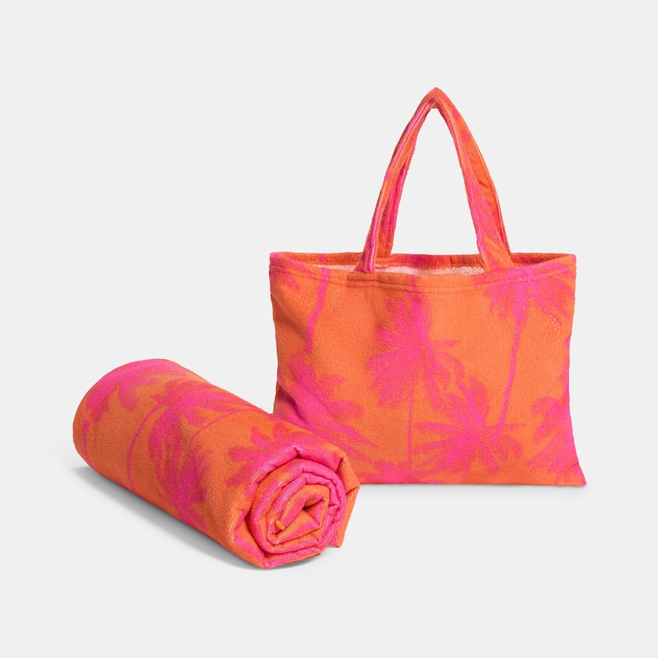 image 1 of OHS Print Beach Towel with Bag Quick Dry Absorbent Travel Spa | Orange | Palm Trees | One size