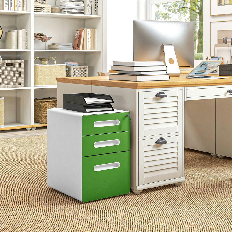 image 1 of Vinsetto 3 Drawer Modern Steel Filing Cabinet w/ 4 Wheels Lock Box Green