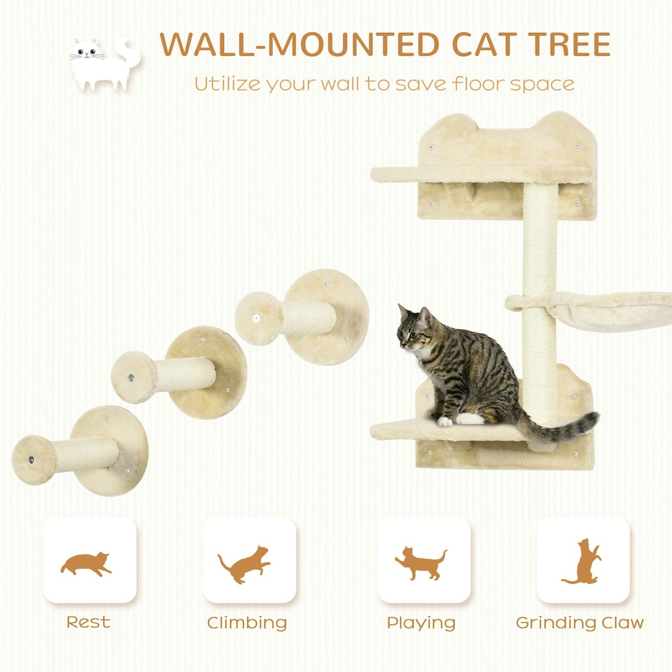 image 1 of PawHut 4pc Cat Shelves Cat Wall Furniture with Steps Scratching Post Beige