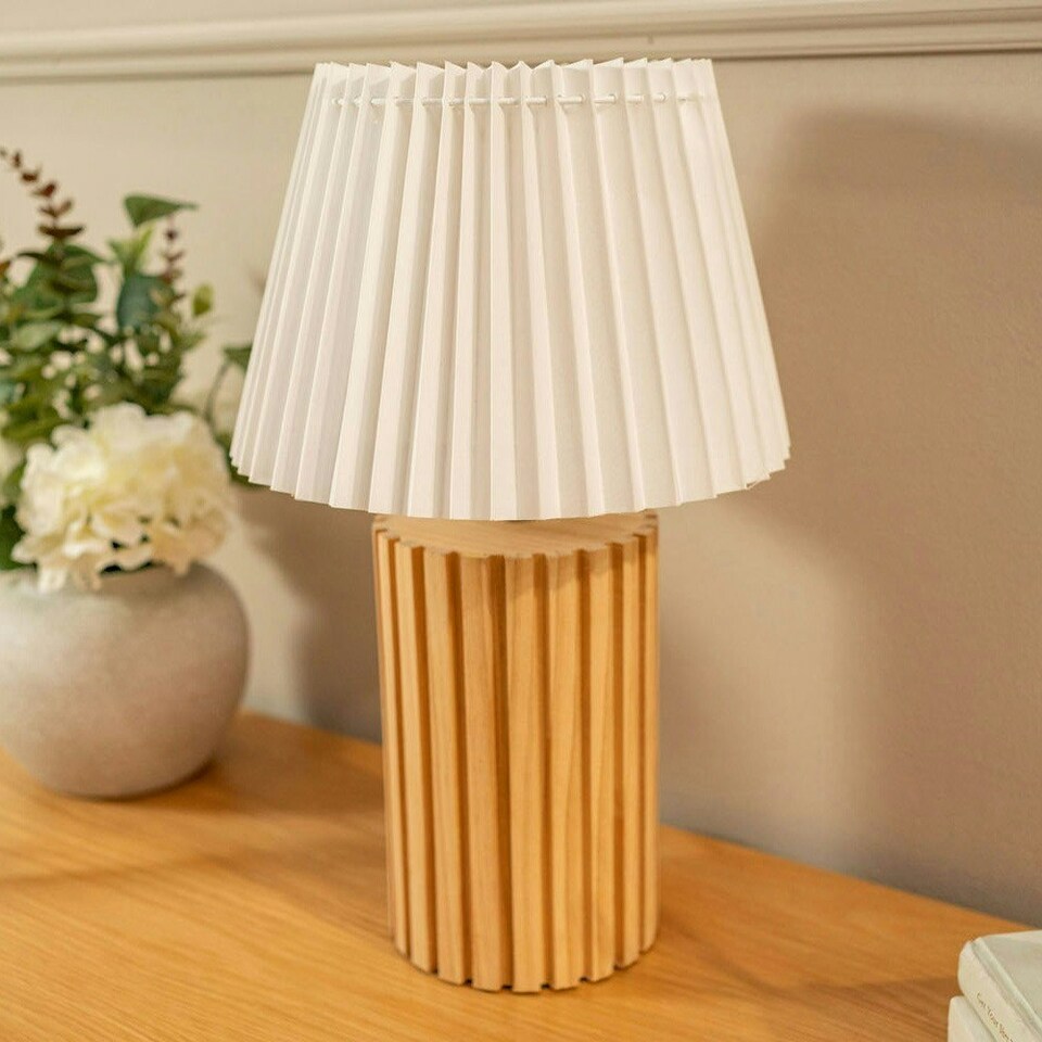 image 1 of ValueLights Brooke Natural Wood Bedside Table Lamp with a White Pleated Lampshade - Bulb Included