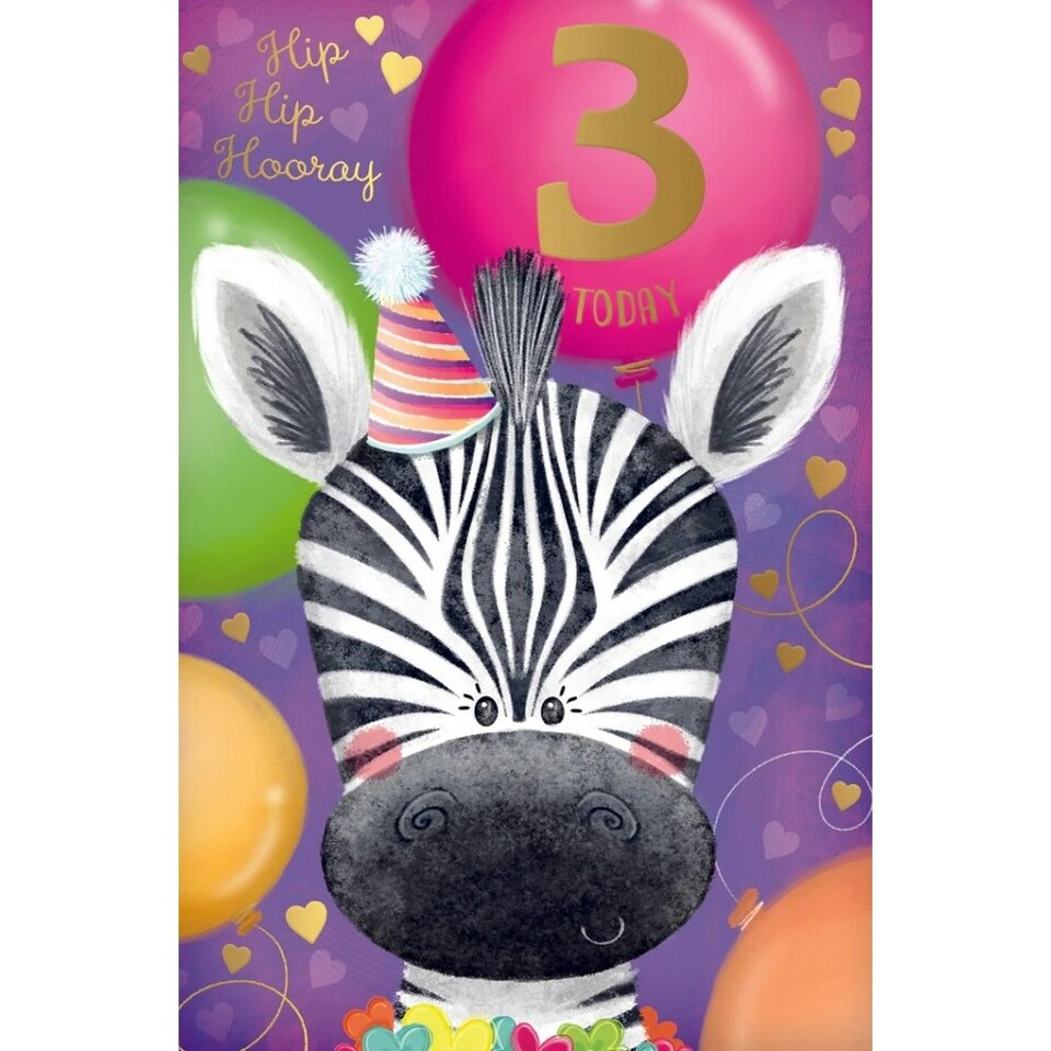 image 1 of Zebra In Party Hat 3rd Birthday Girl Card