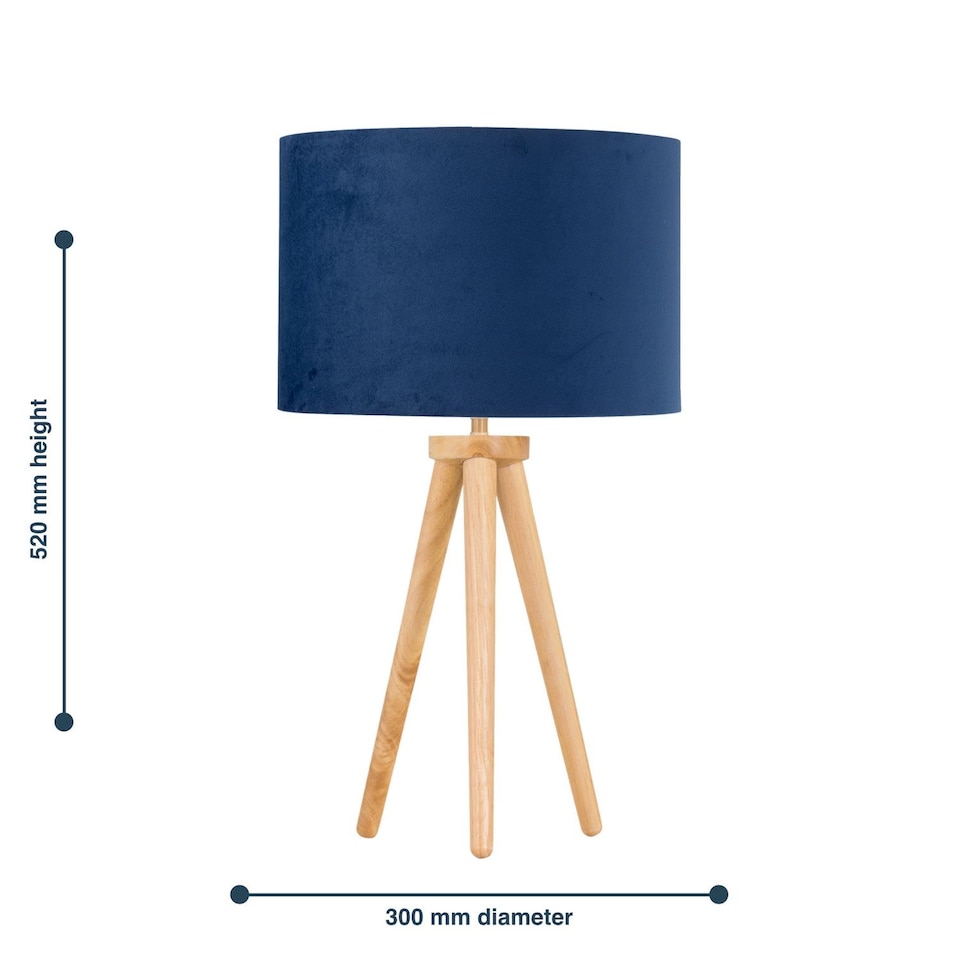 image 1 of Voyage - Light Oak Table Lamp or Bedside Light with Blue Velvet Shade | Brown | Blue | Large | 1