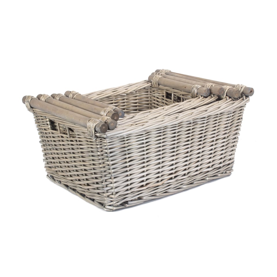 image 1 of Set of 4 Antique Wash Wooden Handled Wicker Storage Basket | Grey | Grey | Not provided