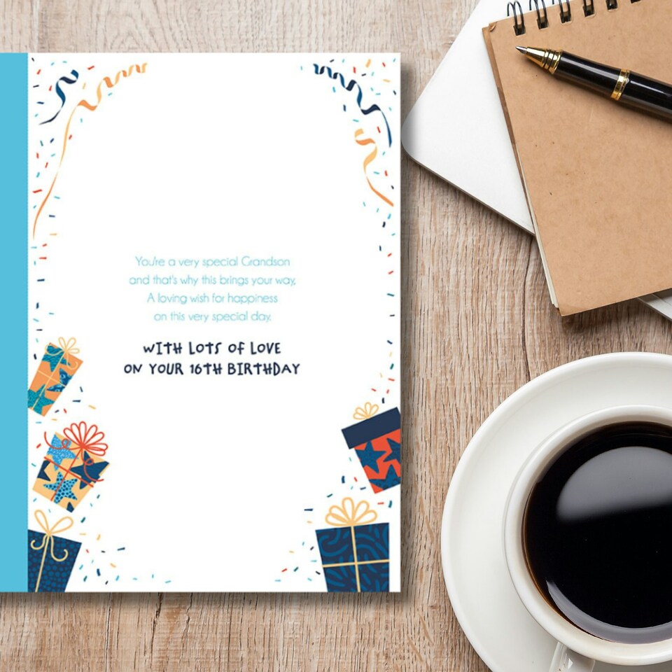 image 1 of Words 'n' Wishes 16th Birthday Card for Grandson, Patterned & Foiled Letters With Presents, Multicoloured, 23.5 x 16.5 cms
