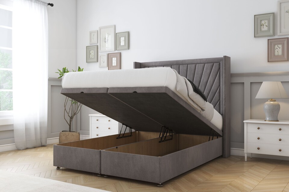 image 1 of Sloomy Rutherford Slate Naples Ottoman Bed With Mattress With 54" Wingback Headboard 5' King