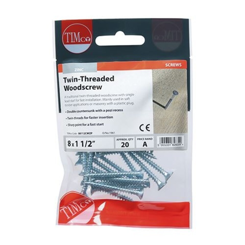 image 1 of Timco - Twin-Thread Woodscrews - PZ - Double Countersunk - Zinc (Size 8 x 1 1/2 - 20 Pieces)