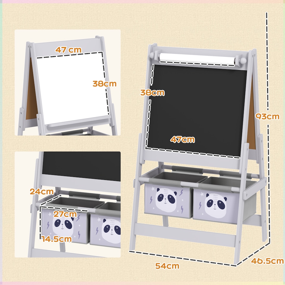image 1 of AIYAPLAY Kids Easel with Paper Roll, Blackboard, Whiteboard, Storage, Grey