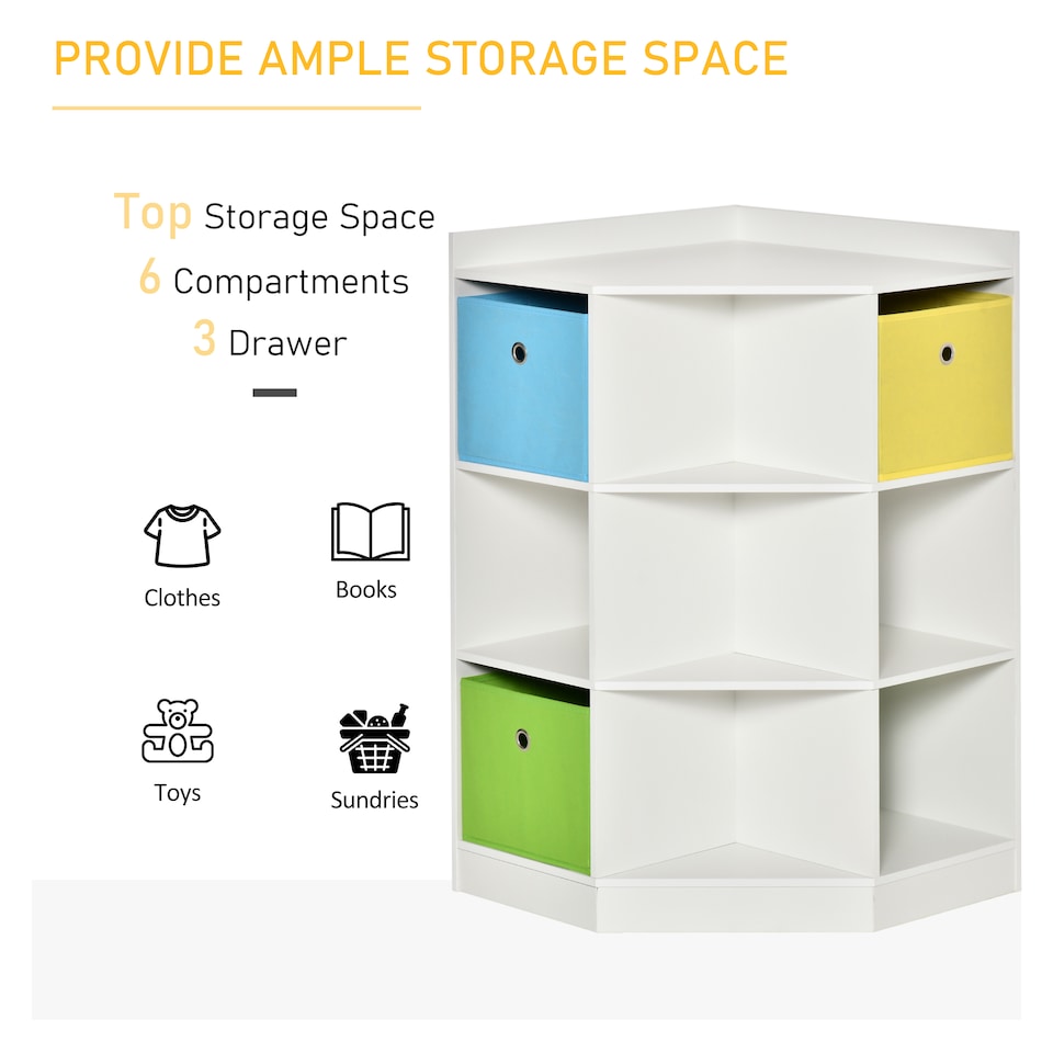 image 1 of HOMCOM Kids Bookcase, 3 Tier Toy Organiser Storage Unit BookShelf with 3 Non-woven Fabric Drawers, Anti-tip Device, for Bedroom, Children's Room, Playroom, White | White
