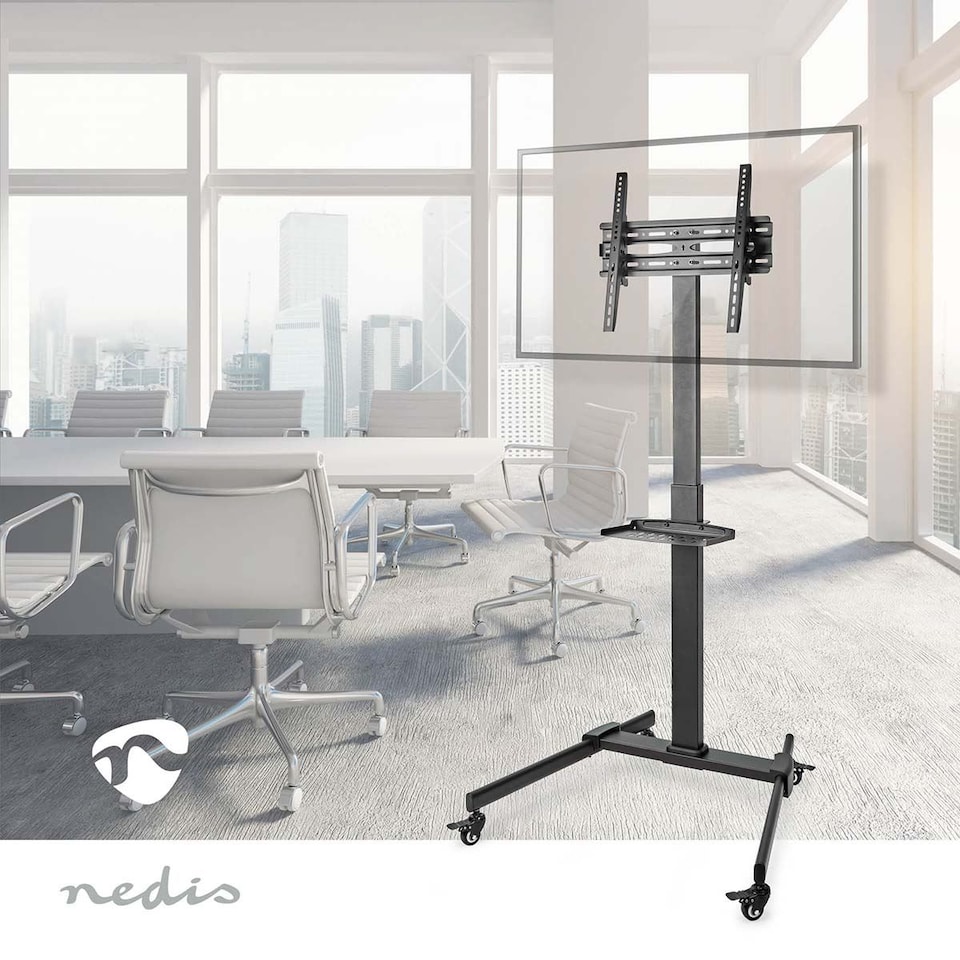 image 1 of Nedis TV Floor Presentation Meeting Stand Lockable Wheeled Trolley 32-55" up to 35 kg, Column Design, Adjustable, Snap-lock, AV Shelf - Black