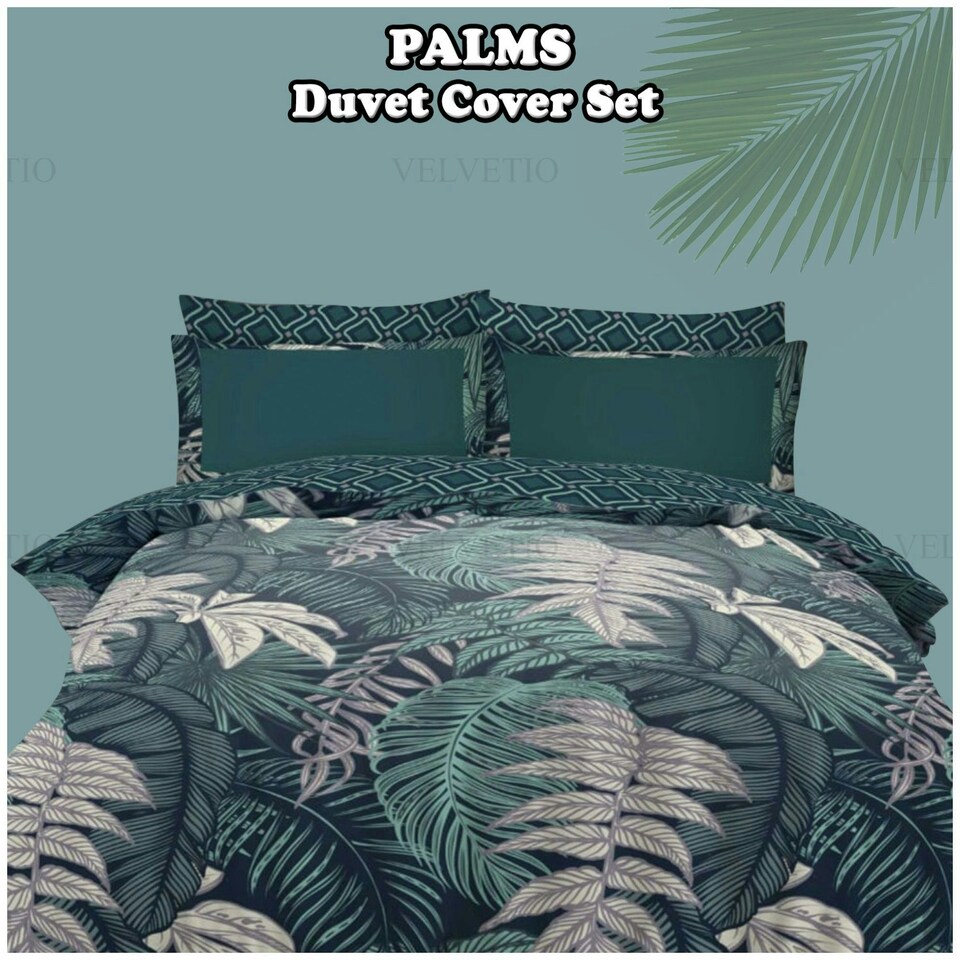 image 1 of VELVETIO Palms Complete Duvet Cover Set with Fitted Sheet Breathable Bedding Quilt Green | Double