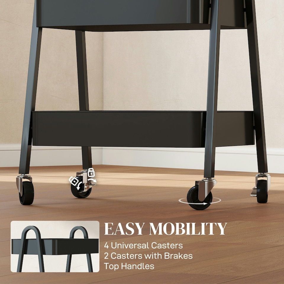 image 1 of HOMCOM 3-Tier Rolling Utility Cart Kitchen Storage Trolley on Wheels Black