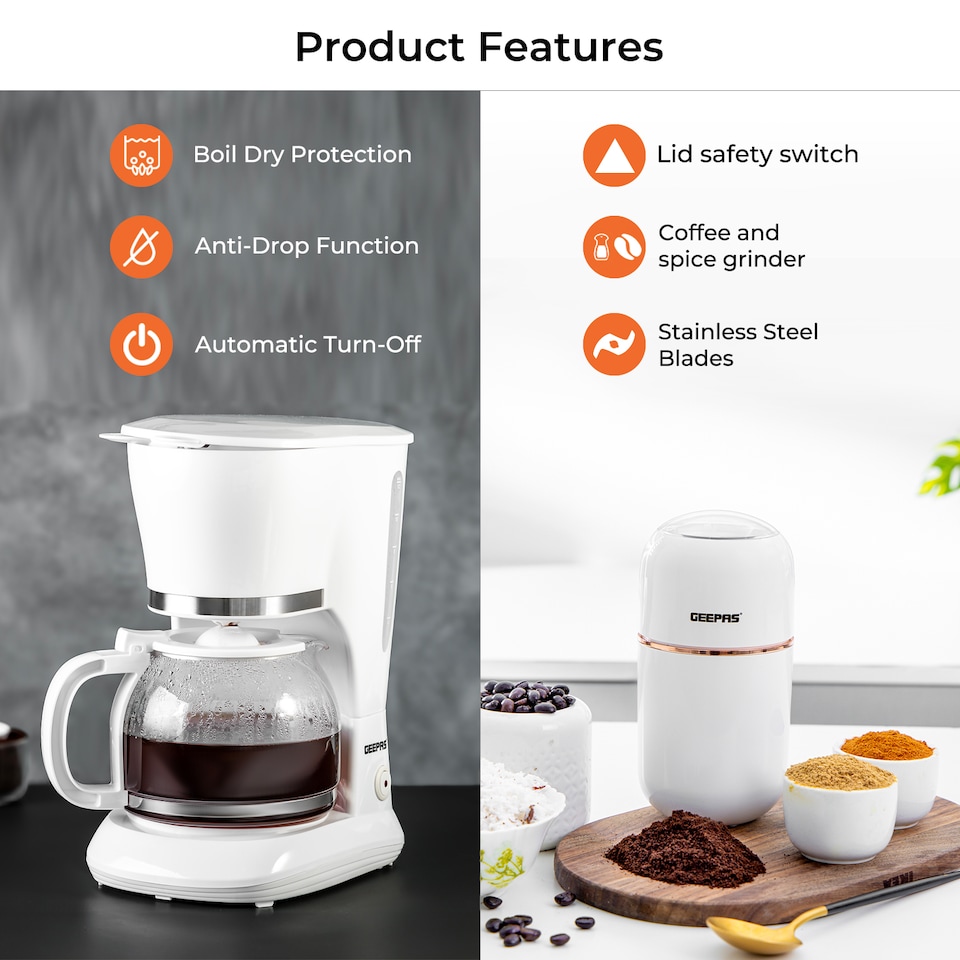 image 1 of Geepas 1.5L Filter Coffee Machine and 80g Coffee Grinder Set White